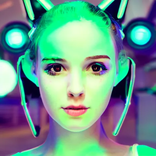 Image similar to portrait of a cute young woman with robot ears and eyes, 4k, sharp focus, neon colored fluorescent lighting, flowers, jordan grimmer