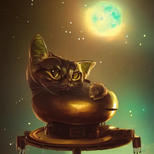 Image similar to A lazy steampunk cat jumping over the galaxy, digital illustration, concept art, 8k, trending on artstation