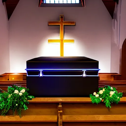 Prompt: A funeral photo with a RGB coffin in a church, RGB coffin, coffin with RGB lighting