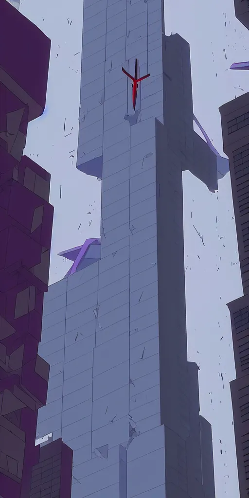 Image similar to evangelion unit 0 1, zoom shot, telephoto lens, low aperture street level, buildings collapsed