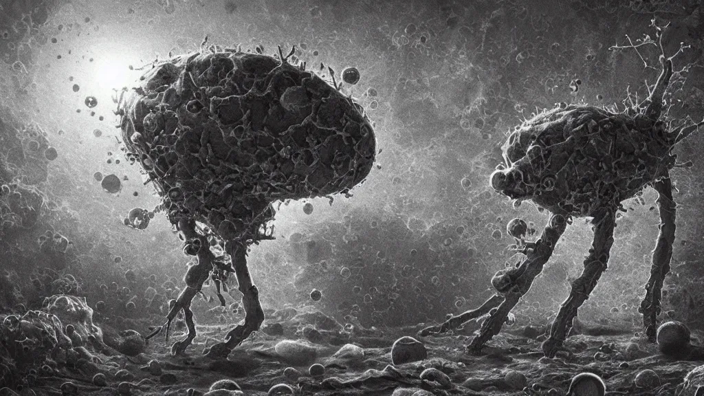 Image similar to a beautiful microscopic scientific photo of a coronavirus and a strange life form seen through an electron microscope, dark, sinister, detailed, art by Greg Rutkowski