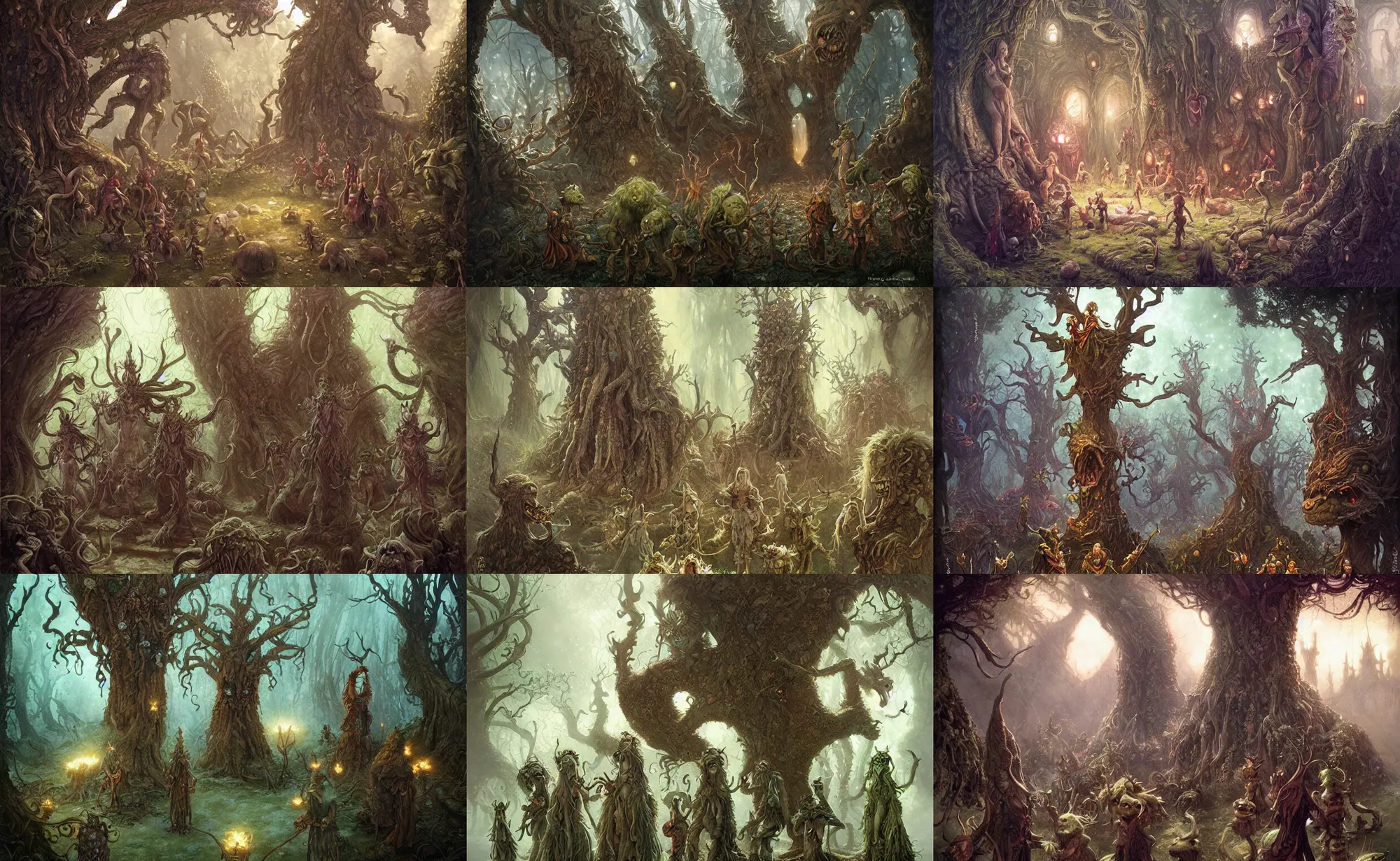 Prompt: a tree monsters party with elves by brian froud, highly detailed, intricate, fantasy, concept art, lighting by greg rutkowski