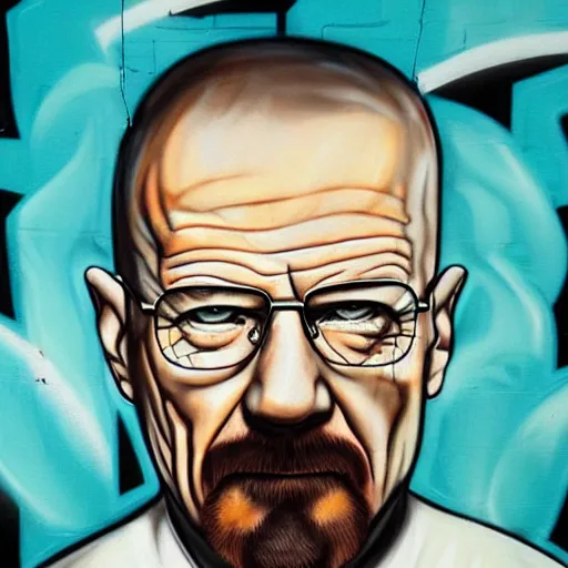 Image similar to graffiti painting of walter white, ultra high detail, 8 k.