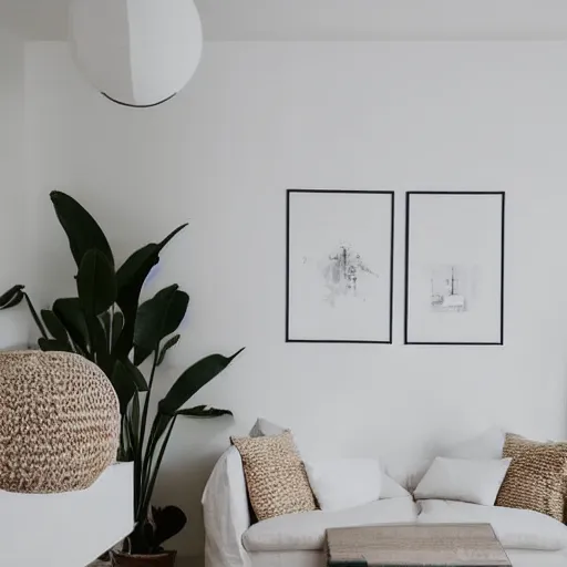 Prompt: minimalist clean spacious empty bright mockup photo of large blank frame on floor with thin light wooden frame moulding, white background wall, light boho carpet, white lamps, white pillows, trending on etsy