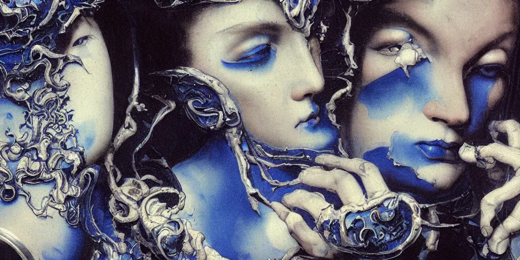 Image similar to a dark baroque close - up portrait of an ornate blue and white porcelain being made out of white sci - fi vitrified translucent ceramic marble ; china. reflective detailed textures. gloomy black background. highly detailed fantasy science fiction painting by moebius, norman rockwell, frank frazetta, and syd mead. rich colors, high contrast. artstation