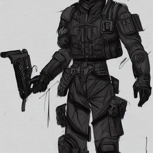 Image similar to ryan church jon mccoy concept art sketch cyberpunk solider black cloth character reference sheet