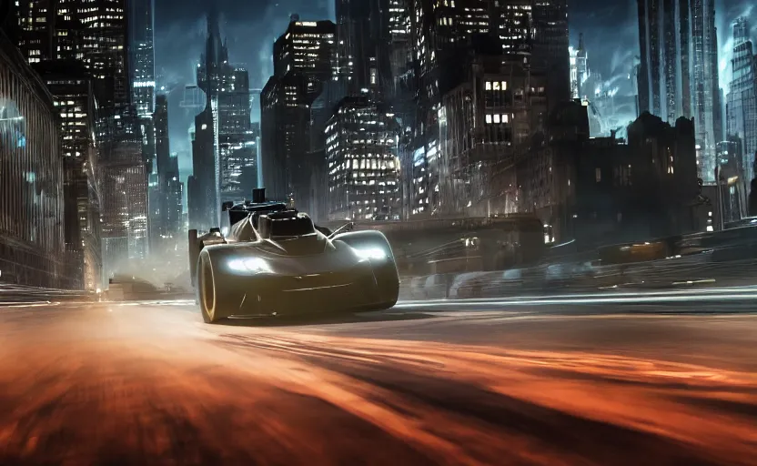 Image similar to A film still of the 2025 Batmobile prototype racing through Gotham at night, 8k