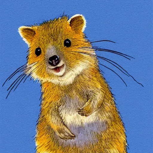 Image similar to detailed illustration, a happy quokka on rotttnest island in the style of may gibbs,