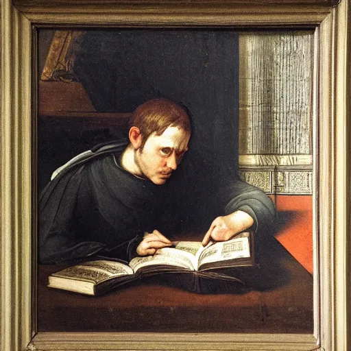 Image similar to dark renaissance painting of a man pensively studying a book