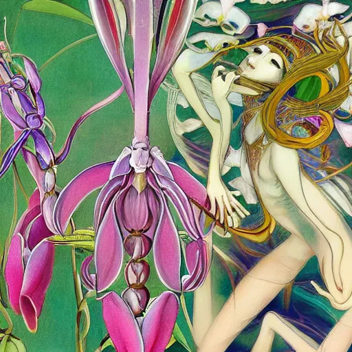 Prompt: majestic colorful orchid mantis enamel by leon bakst and yoshitaka amano, beautiful hyperdetailed art nouveau orchids, james jean, amanda sage