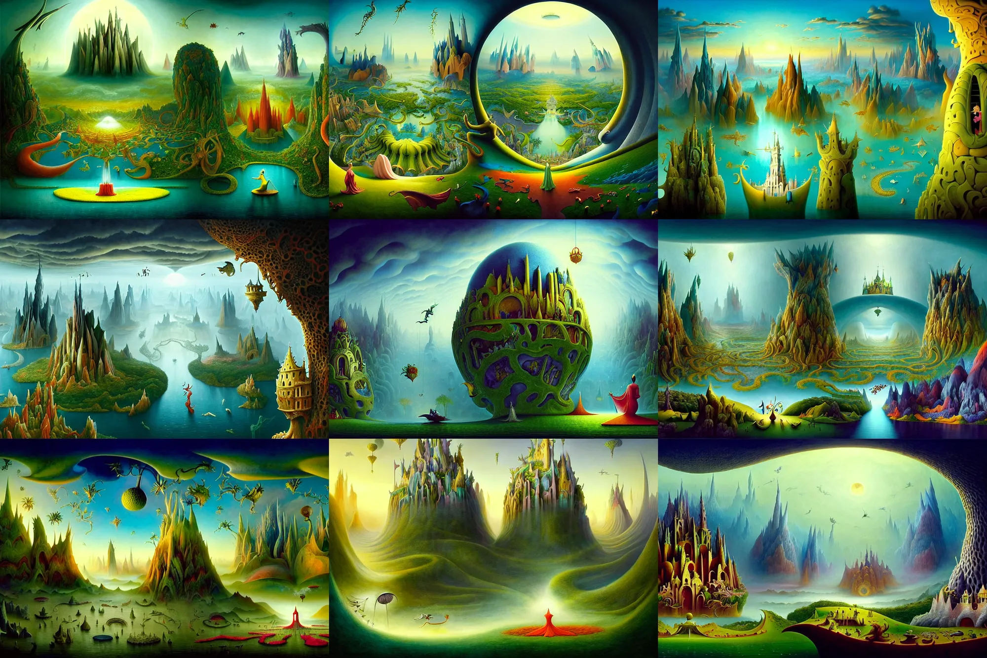 Prompt: a beguiling epic stunning beautiful and insanely detailed matte painting of windows into dream worlds with surreal architecture designed by Heironymous Bosch, dream world populated with mythical whimsical creatures, mega structures inspired by Heironymous Bosch's Garden of Earthly Delights, vast surreal landscape and horizon by Cyril Rolando and Paul Lehr and Raymond Swanland, masterpiece!!!, grand!, imaginative!!!, whimsical!!, epic scale, intricate details, sense of awe, elite, wonder, insanely complex, masterful composition!!!, sharp focus, fantasy realism, dramatic lighting