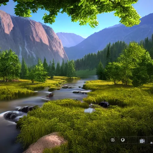 Image similar to natural scenery with sun, mountains, rivers, trees and flowers, photorealistic, ultra - detailed, 4 k high resolution, hdr shot, unreal engine rendering 4 k