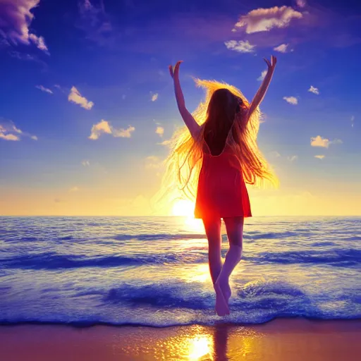 Prompt: young womens in paradise at the sea, golden hour ,joyfulness ,peaceful, holy spirit, joy, guardian angel, space as wall paper, dramatic,,,8k, ultrarealistic , highst resolution