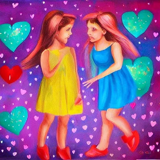 Image similar to art decor image of girls having fun at a party realistic painting with hearts in the air