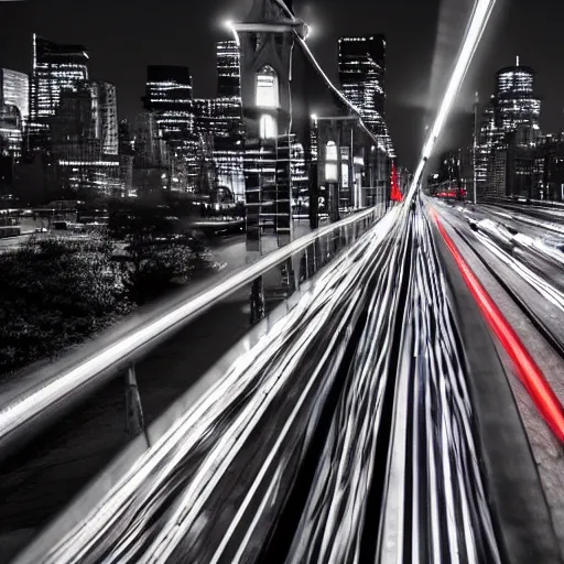 Image similar to futuristic train drives on bridge over busy street full of cars in nyc at night, still photo, cinematic lighting