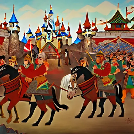 Image similar to genghis khan and his mongol horde ransacking disneyland, oil on canvas