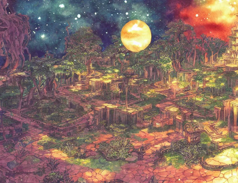 Image similar to persian garden in a galactic fortress. this watercolor painting by the award - winning mangaka has dramatic lighting, an interesting color scheme and intricate details.