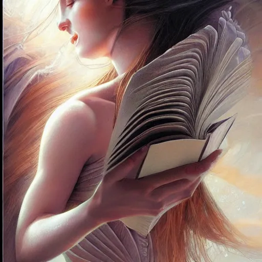 Image similar to a girl reading a book, her hair flowing down, by karol bak, ayami kojima, artgerm, smile, concept art, fantasy