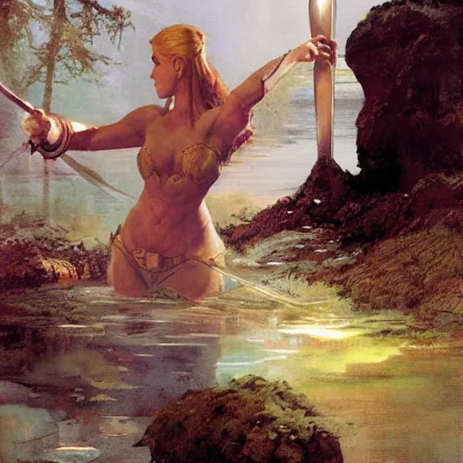 Image similar to a fantasy illustration of a hand holding a sword emerging from a lake, lady of the lake, by james gurney, craig mullins and frank frazetta