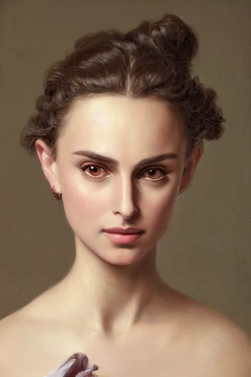 Image similar to Nathalie Portman portrait, loving amber eyes, a shy face, style portrait painting of François Boucher, Oil Painting, unreal 5, DAZ, hyperrealistic, octane render, Regal, Refined, Detailed Digital Art, RPG portrait, William-Adolphe Bouguereau, Michael Cheval, dynamic lighting, Highly Detailed, Cinematic Lighting, Unreal Engine, 8k, HD