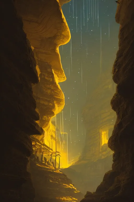 Prompt: ancient temple glowing yellow in a canyon, light streaks in night sky full of stars, dramatic lighting, artstation, matte painting, ralph mcquarrie, simon stalenhag