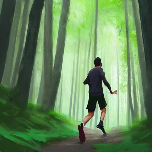 Prompt: a sporty guy runs alone through a forest with tall trees, acid-green sneakers, a photo from the back in perspective, art by Andreas Rocha,