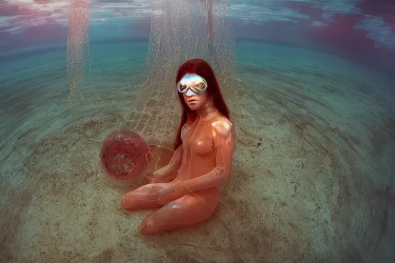 Image similar to high-angle view of a Ukrainian lush female jellyfish human hybrid wearing vacuum tube amp roman armor and transparent amber neck guard with transparent digital number readout floating in front of face, sitting inside of an underwater airport terminal with a large submarines in the horizon silt rising from the seabed floor, filing cabinets in the sand, ektachrome color photograph, volumetric lighting, off-camera flash, 24mm f8 aperture