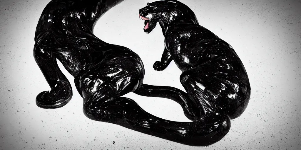 Image similar to a shiny black goo covered panther, panther made of black goo, goo panther, panther made of goo, latex shiny, laying on a tar, covered white couch in a living room, dripping and drooling black goo. digital art, photography, ferrofluid