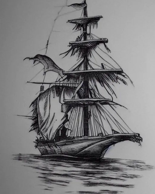 Prompt: pirate ship on a deserted island, realism tattoo drawing, hyper realistic, shaded