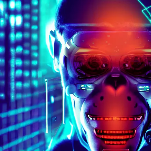 Prompt: a cyberpunk monkey, sci-fi, close-up, cybernetic implant, neon, cyberpunk, center frame portrait, 2D, matte-painting