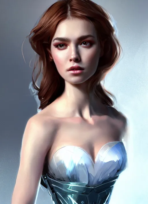 Image similar to beautiful fashion goddness, strapless dress, character portrait in the style of thomas river and artgerm, wlop, cinematic lighting, hyperdetailed, 8 k realistic, symmetrical, global illumination, radiant light, halo, love and mercy, frostbite 3 engine, cryengine, dof, trending on artstation, digital art, chanel