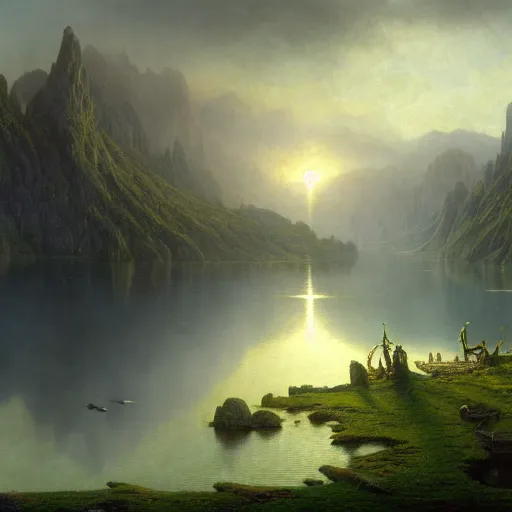 Image similar to a beautiful and highly detailed matte painting of the lost land by a beautiful lake, thick mist, sunlight, celtic, psychedelic, epic scale, insanely complex, hyperdetailed, sharp focus, hyperrealism, artstation, cgsociety, 8 k, bright colors, by caspar friedrich, albert bierstadt, james gurney, brian froud,