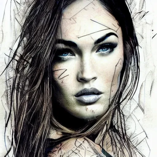 Image similar to realistic tattoo sketch of megan fox face double exposure effect with a mountain scenery, in the style of matteo pasqualin, amazing detail, sharp