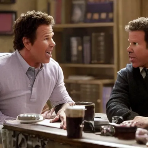 Image similar to scene from a movie that looks like a drama but it's a laugh hard comedy, mark wahlberg and will ferrell being a chaotic duo, shot by darren aronofsky, 4 k