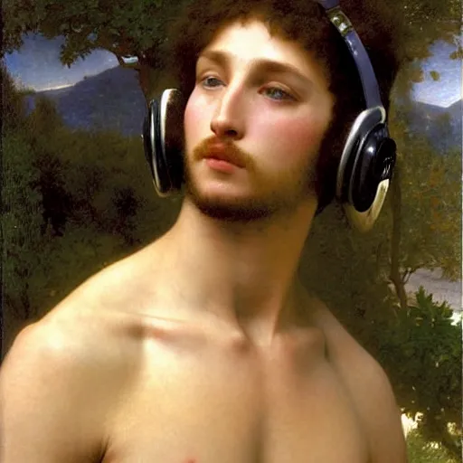 Prompt: pre - raphaelite athletic males wearing headset by bouguereau