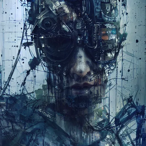 Image similar to cybernetic hunter, cyberpunk, wires, skulls, machines by emil melmoth zdzislaw belsinki craig mullins yoji shinkawa realistic render ominous detailed photo atmospheric by jeremy mann francis bacon and agnes cecile ink drips paint smears digital glitches glitchart