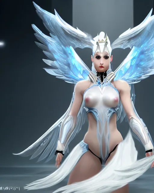 Image similar to perfect white haired attractive egyptian goddess with huge white dove wings, warframe armor, beautiful, symmetric, dreamy, half asian, pretty face, blue eyes, detailed, scifi platform, laboratory, experiment, 4 k, ultra realistic, epic lighting, android body, illuminated, cinematic, masterpiece, art by akihito tsukushi, voidstar