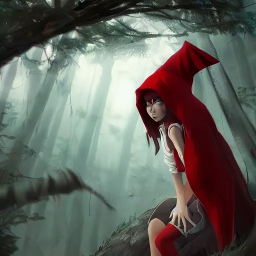 Prompt: ''red riding hood as a werewolf, princess Mononoke inspired, by WLOP, trending on ArtStation, octane render''