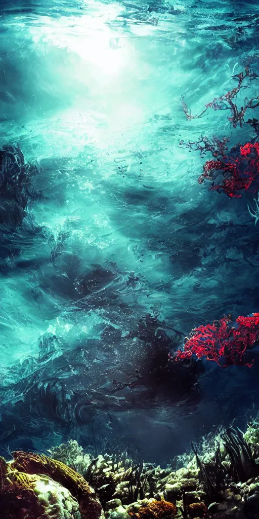 Prompt: underwater and surface water wallpaper psx of a sea with abyssal monsters in the bottom cursed photography