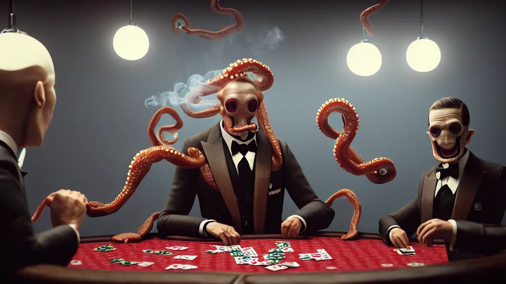 Prompt: hyperrealism simulation highly detailed human octopuses'wearing detailed tuxedos and smoking, playing poker in surreal scene from cyberpunk movie from future by wes anderson and denis villeneuve and mike winkelmann rendered in blender and octane render