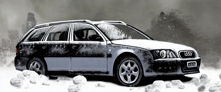 Image similar to Audi A4 B6 Avant (2002), a gritty neo-noir, dramatic lighting, cinematic, eerie person, death, homicide, homicide in the snow, viscera splattered, gunshots, bullet holes, establishing shot, extremely high detail, cracked windows, photorealistic, arson, makeshift grave, cinematic lighting, artstation, by simon stalenhag, Max Payne (PC) (2001) winter New York at night, In the style of Max Payne 1 graphic novel, flashing lights, Poets of the Fall - Late Goodbye