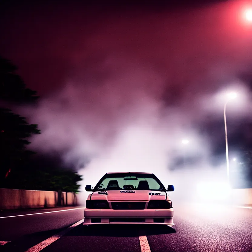 Image similar to one car JZX90 twin turbo drift middle of empty street, misty kanagawa prefecture, night, cinematic color, photorealistic, highly detailed,