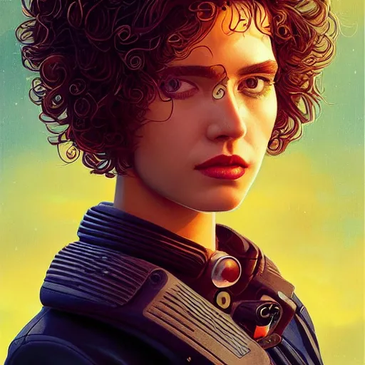 Image similar to Lofi vaporwave cyberpunk portrait beautiful woman with short brown curly hair, roman face, rainbow, Pixar style, Tristan Eaton, Stanley Artgerm, Tom Bagshaw