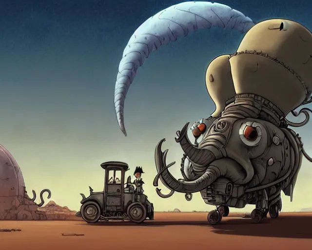 Prompt: a cell shaded cartoon grey lovecraftian mechanized elephant from howl's moving castle ( 2 0 0 4 ), with a big head, on a desert road, wide shot, in front of a big moon, muted colors, post grunge, josan gonzales, wlop, by james jean, victor ngai, hq, deviantart, art by artgem