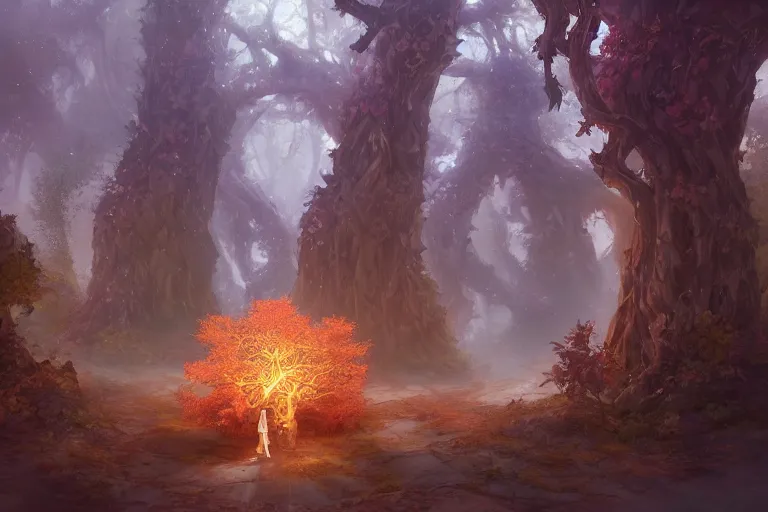 Prompt: dungeons and dragons fantasy painting, sacred grove of autumn maple bonsais in a desert with gnostic glowing runes, anime inspired by krenz cushart, evening lighting, by brian froud jessica rossier and greg rutkowski