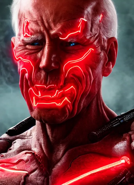 Image similar to hyper realistic ultra realistic cyborg photo Doom furious glowing red eyes biden, high quality photo, detailed , 8k