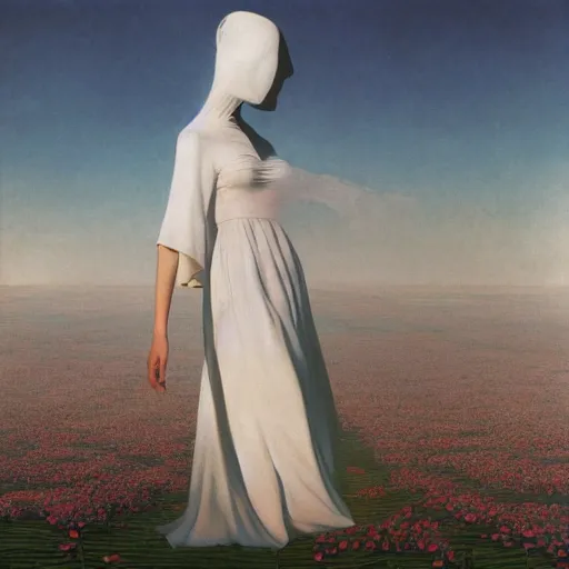 Image similar to a woman with a white dress in a white city, clear blue sky, pink floyd album cover, 1 9 7 0's, by beksinski, bruegel, greg rutkowski, alphonse mucha, and yoshitaka amano, colorful flat surreal design, hd, 8 k, artstation