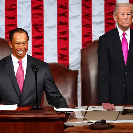 Image similar to tiger woods giving the state of the union address as president of the united states of america. ultra realistic. 4 k.