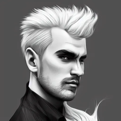 Prompt: A handsome man with Black and White hair, portrait, digital art, trending on artstation, behance