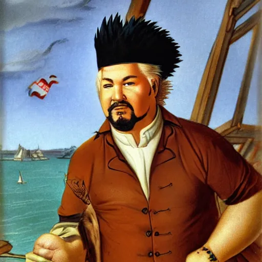 Prompt: guy fieri as a shipwreck survivor, 1 8 0 0 s color engraving by paul revere